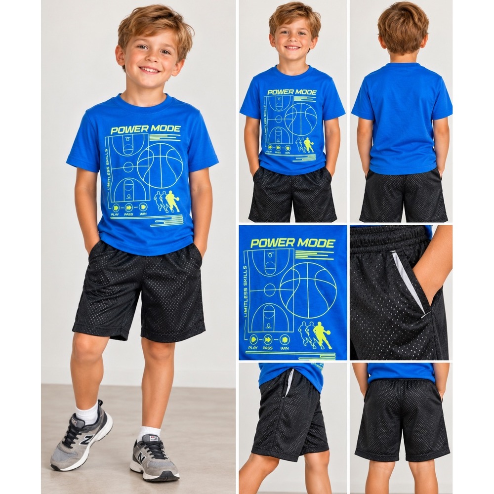 Athletic Works Boys Blue Basketball Power Mode Shirt Black Mesh Shorts Set S 6-7 - Picture 2 of 9
